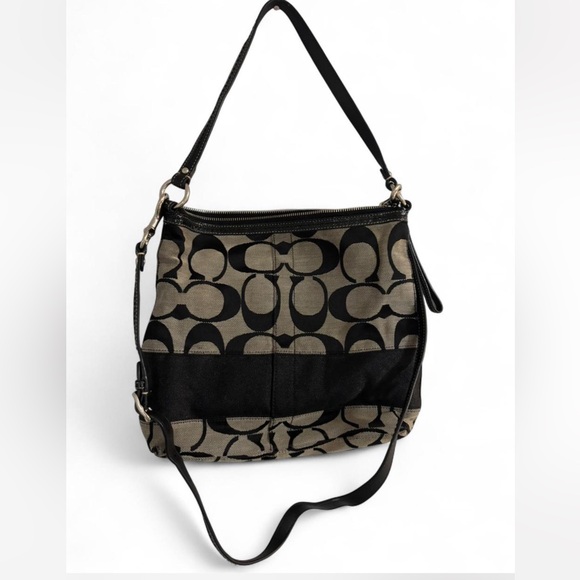 Coach Signature Canvas Shoulder Bag Black Tan Crossbody Purse F13674 - Picture 2 of 4